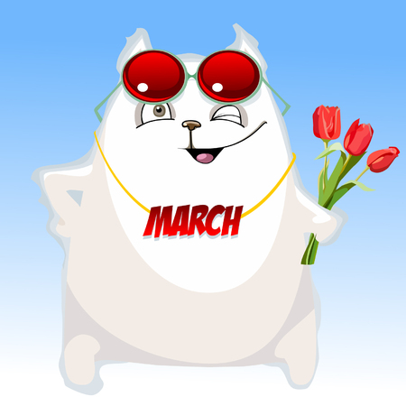 fun cartoon white cat congratulates on March 8のイラスト素材