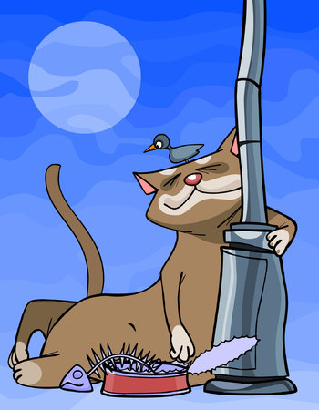 cartoon funny sleeping cat lies with a bird on his headのイラスト素材
