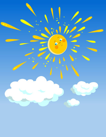 cartoon joyful sun in the sky with cloudsのイラスト素材