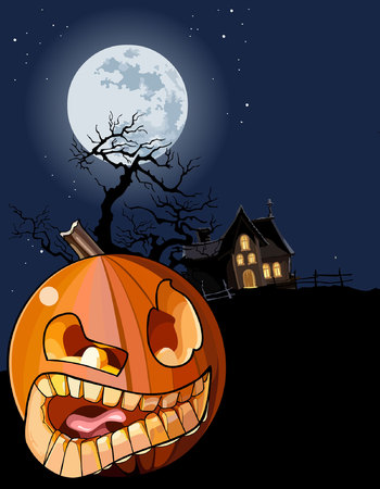 cartoon toothy pumpkin on a moonlit night on Halloweenのイラスト素材