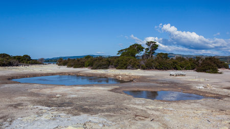 A few path have geothermal activity, so sulfur and other minerals can be seen on rocksの写真素材