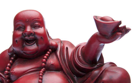 Face of Happy Buddah with Offering in Hand.  Isolated on white with a clipping path.の写真素材