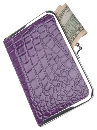 Purple wallet with money falling out.