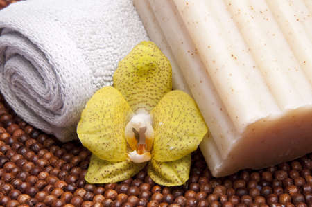 Spa Scene with Towel, Orchid and Soap.の写真素材