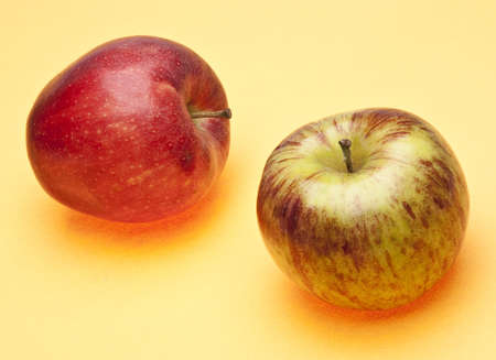 Apples on a vibrant yellow background.の写真素材