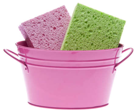 Pink Bucket with Vibrant Cleaning Spongesの写真素材