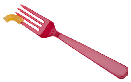 Traditional American Favorite Food Macaroni and Cheese on a Red Fork Isolated on White の写真素材