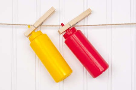 Summer Picnic Scene Featuring a Ketchup and Mustard Bottle Hanging from a Fun Clothesline.の写真素材