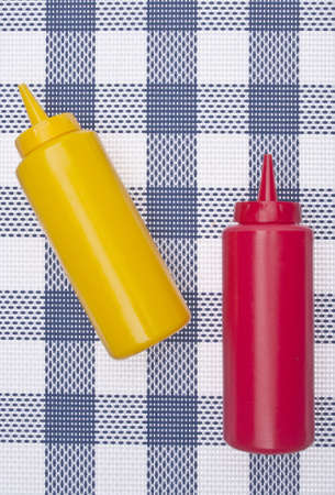 Summer Picnic Concept with Bottles of Ketchup and Mustard.の写真素材