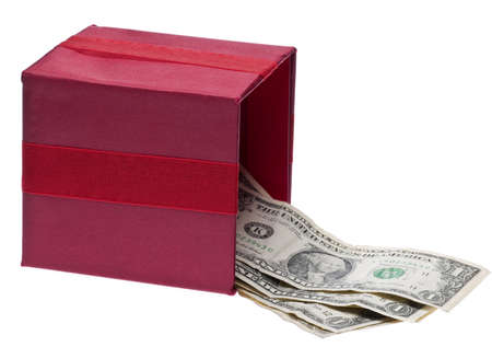 Money and Gift Giving Concept, Gift Budget.  Festive Red Box with American Currency.の写真素材