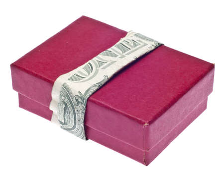 Money and Gift Giving Concept with a Festive Red Box Wrapped in a Dollar Bill Isolated on Whiteの写真素材