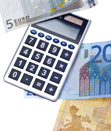 Calculating the Cost Concept with Calculator and Currency.  Isolated on White の写真素材