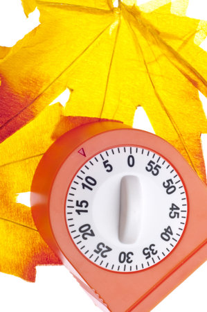 Vibrant Orange Timer and Fall Leaves for a Time for Fall Conceptual Image.の写真素材