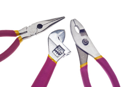 Border of Pink Tools Pliers and Wrench Isolated on White.