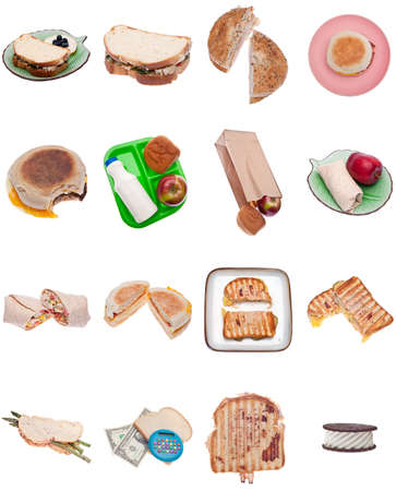 Collection of 16 Sandwiches Isolated on White Including Breakfast, Egg, Panini, Bagel, Wrap, School Lunch, Money, Vegetarian, Ice Cream and More.の写真素材