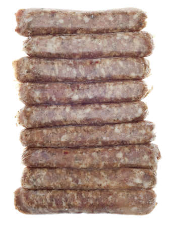 Frozen Pork Sausage Links with Frost Isolated on Whiteの写真素材