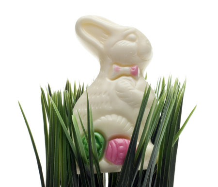 White Chocolate Easter Bunny Candy in Green Grass Isolated 