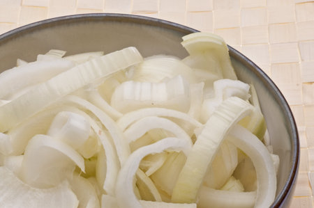 Bowl of Sliced Onions on Wooden Background.の写真素材