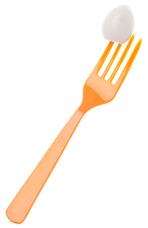 Hard Boiled Quail Egg on Fork Isolated on White with a Clipping Path.の写真素材