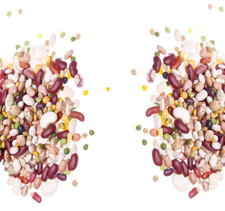 Brightly Colored Beans Spilling Food Background on White.