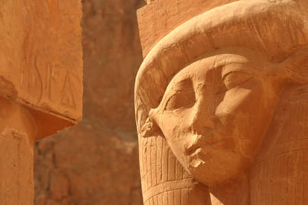 A sandstone capital of the Goddess Hathor (the cow goddess) at the Temple of Hatshepsut, Luxor, Egypt.の写真素材