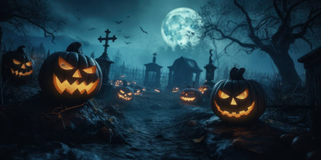 Glowing Jack-o-Lanterns / Halloween Pumpkins on Cemetery under Full Moon: A panoramic view of lit pumpkins in a spooky graveyard, illuminated by the moon, Halloween background.の素材