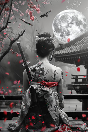 A beautiful illustration of a Japanese samurai woman with a katana and traditional tattoos, sitting under the full moon. Calm, cinematic composition inspired by Japanese cultureの素材