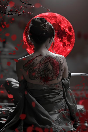 A beautiful illustration of a Japanese samurai woman with a katana and traditional tattoos, sitting under the full moon. Calm, cinematic composition inspired by Japanese culture.の素材