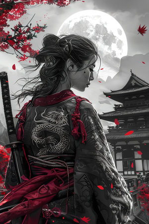 A beautiful illustration of a Japanese samurai woman with a katana and traditional tattoos, sitting under the full moon. Calm, cinematic composition inspired by Japanese cultureの素材
