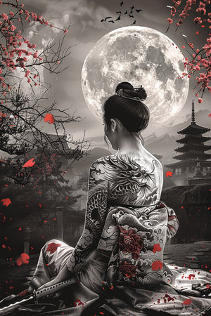 A beautiful illustration of a Japanese samurai woman with a katana and traditional tattoos, sitting under the full moon. Calm, cinematic composition inspired by Japanese cultureの素材