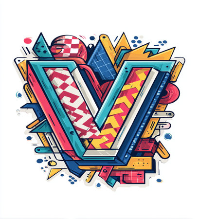 Letter V colorful 3d rendering illustration with doodle elements. Lettering compositionの素材