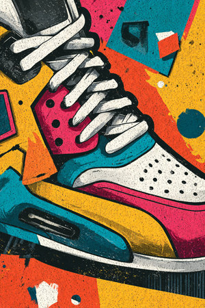 Sneakers on colorful background. Graffiti style. Vector illustration.の素材