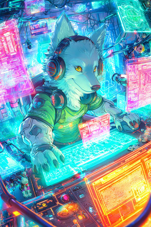 Illustration of a wolf playing a computer game with neon lights.の素材