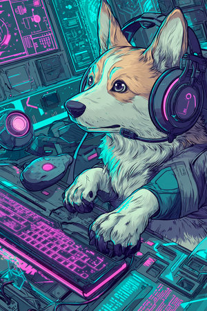 Vector illustration of a cute corgi dog in headphones with a laptop in the background.の素材