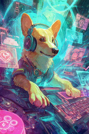 Illustration of a Chihuahua dog in headphones playing video games.の素材