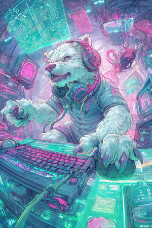 Polar bear in a space station. Illustration of a digital painting.の素材