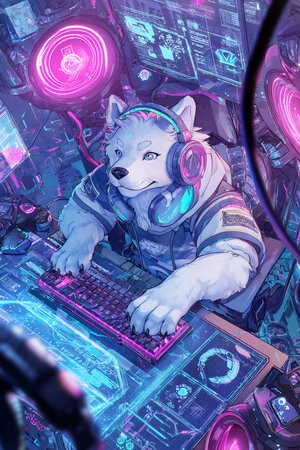 Illustration of a dog in a futuristic space suit playing a computer gameの素材
