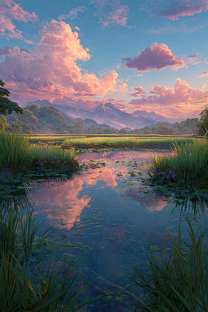 Landscape view of water lily flower field in the morning.の素材