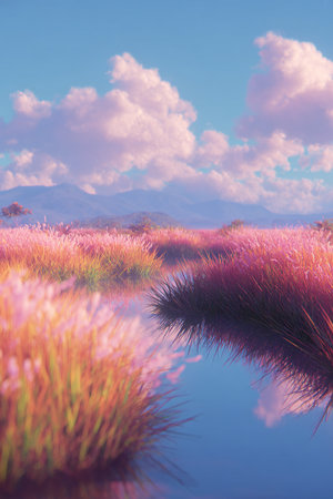 Beautiful landscape with grassland and purple sky in vintage style.の素材