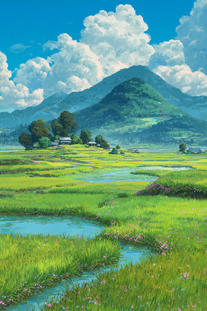 Beautiful landscape of rice fields in the mountains. Digital painting.の素材