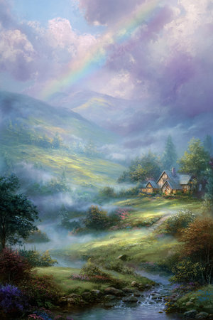 Landscape with a cottage in the mountains and a rainbow in the skyの素材
