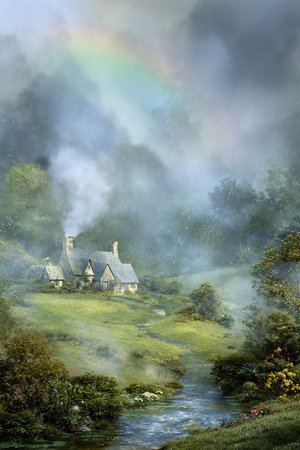 A view of a cottage with a rainbow in the background on a foggy dayの素材