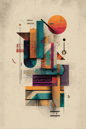 Abstract geometric composition with colorful shapes and grunge textured paper backgroundの素材