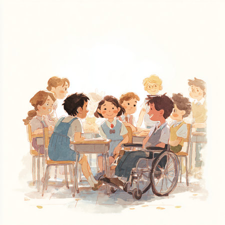 Hand drawn illustration of a group of children in a wheelchair at a cafeの素材
