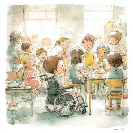 Children in a classroom. Hand drawn watercolor illustration. Vector.の素材