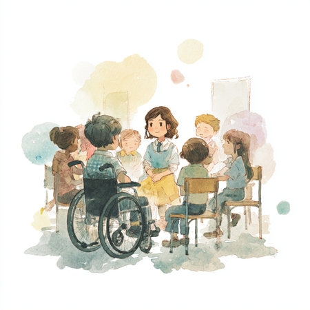 Illustration of a group of children and a teacher in a wheelchairの素材