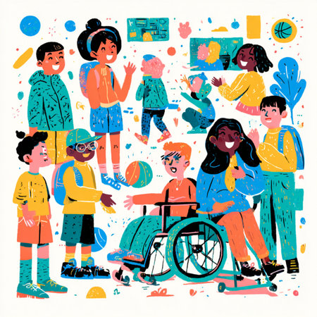 Hand drawn vector illustration of a group of children with disabilities in a wheelchair.の素材