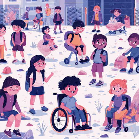 Seamless pattern with children in wheelchair. Flat vector illustration.の素材