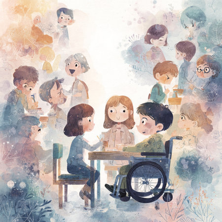 Illustration of a group of children with disabilities in a wheelchair.の素材