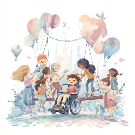 Hand drawn watercolor illustration of a group of children on a swing.の素材